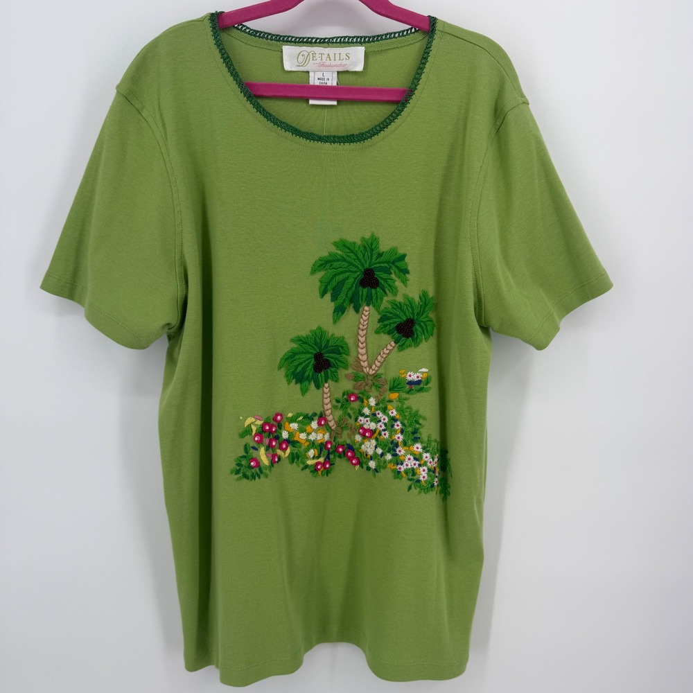 Details by Bushwacker Green Embroidered Tropical Palm Tree Cotton T-Shirt L NWT
